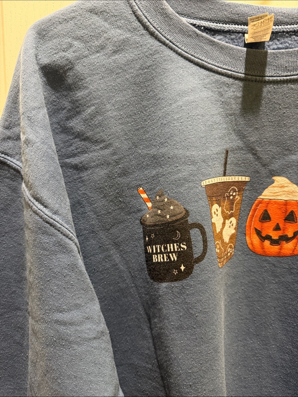 Gildan Blue Crewneck Sweatshirt with Halloween Drink Graphics - Picture 10 of 10